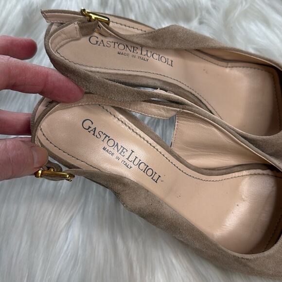 Gastone Lucioli Beige Suede Peep Toe Slingback Heels - Picture 8 of 9